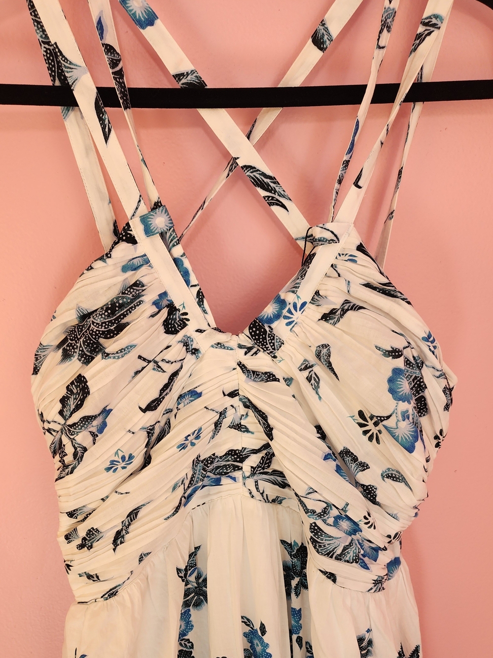 Floral Rain Cotton Dress Interlaced Straps Summer Flouncy Hem - Picture 4 of 10